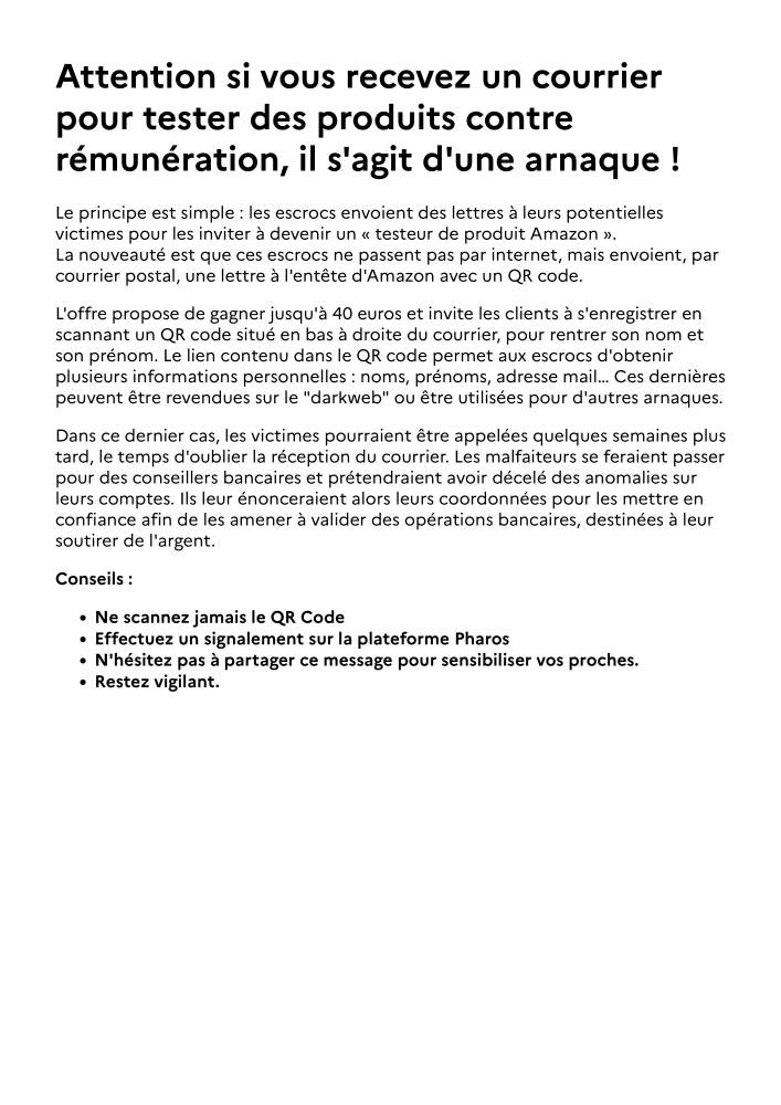 Alerte de la gendarmerie concernant une arnaque 